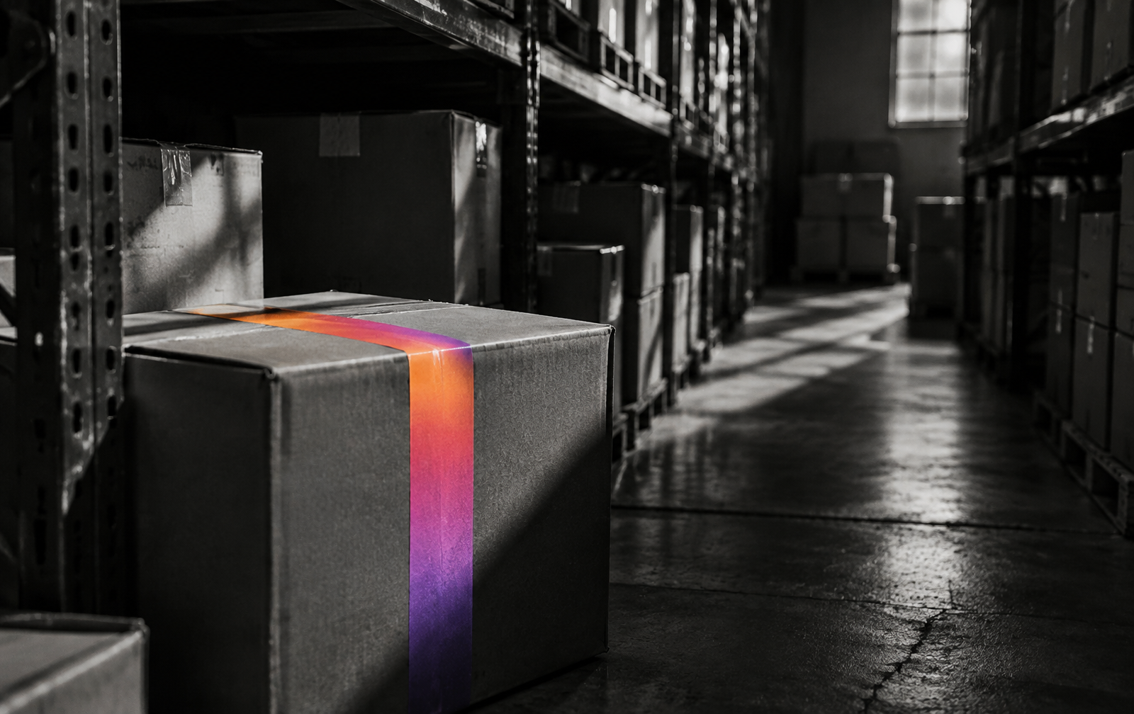 Carton au ruban coloré dans une allée d’entrepôt