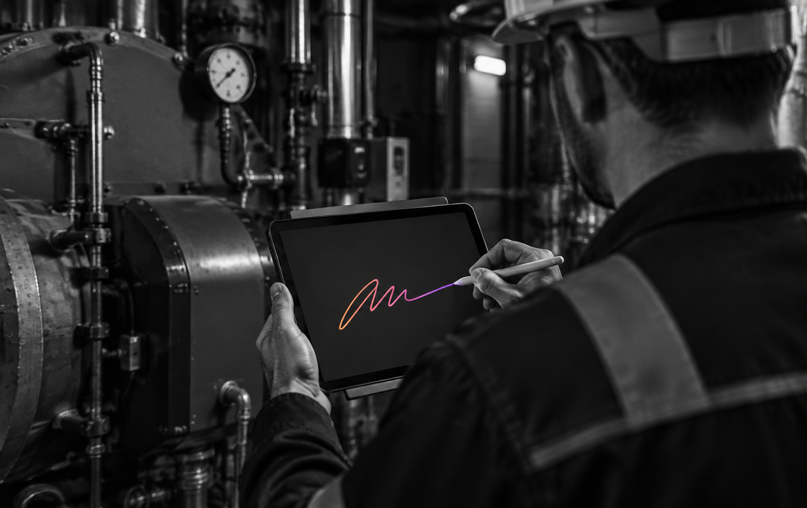 Technicien de maintenance signant sur une tablette dans une chaufferie