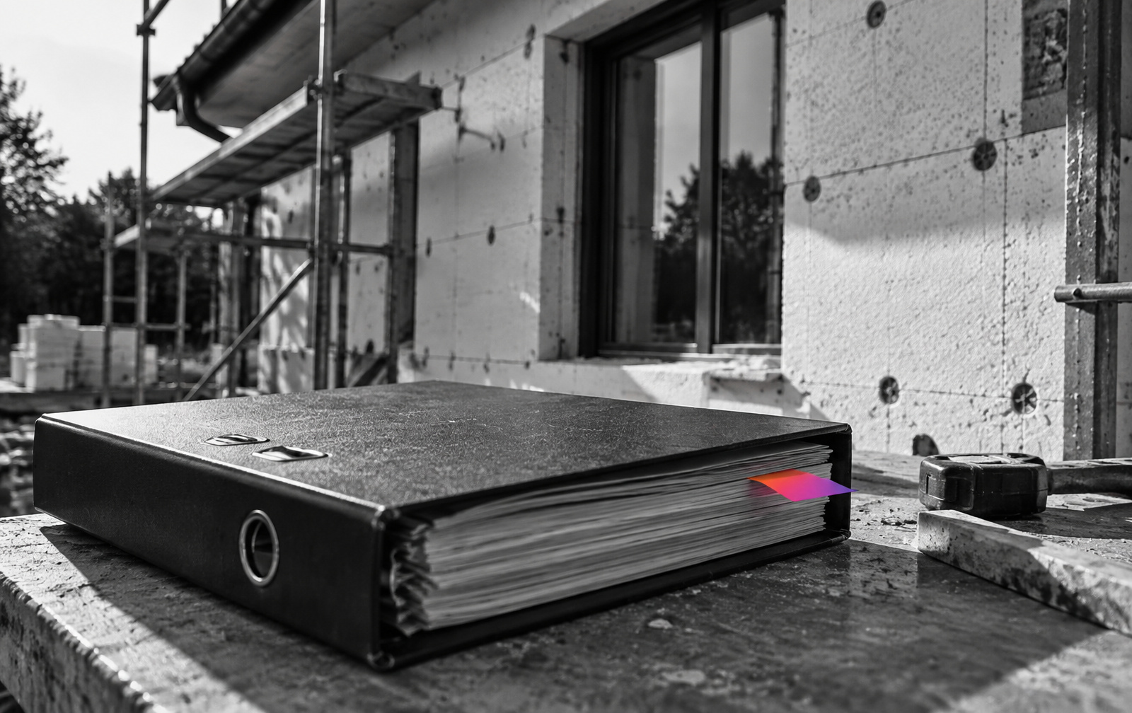 Classeur de documents devant une façade en cours d’isolation